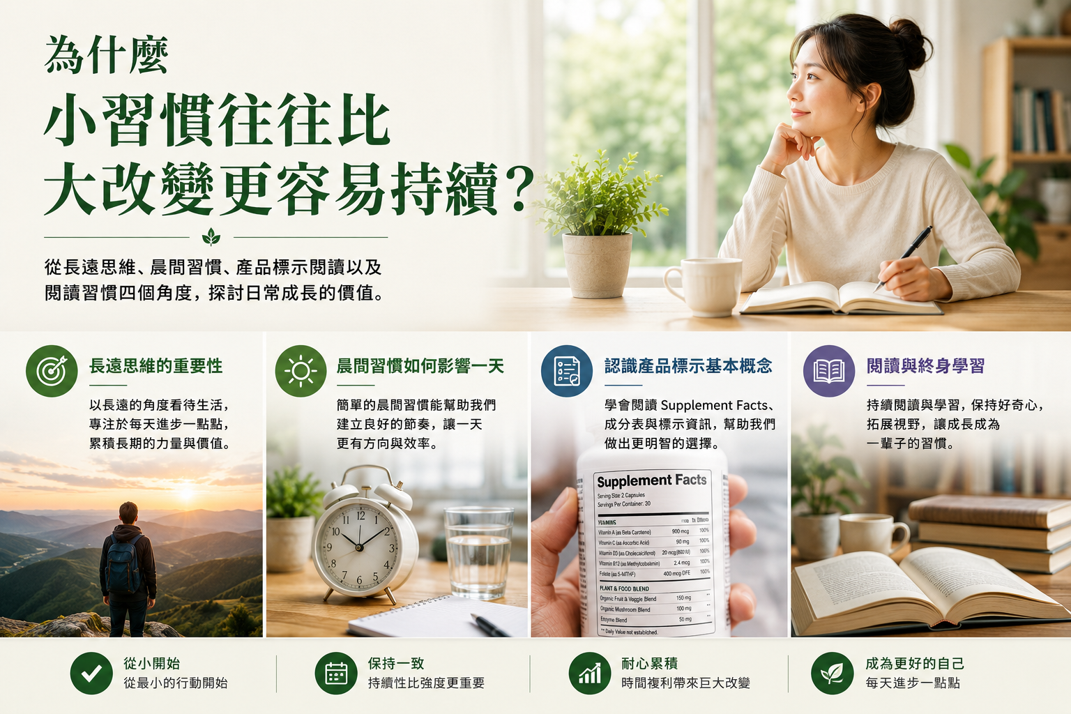 探討小習慣與長期成長的教育圖解，涵蓋長遠思維、晨間習慣、產品標示閱讀、閱讀習慣與終身學習等主題，說明如何透過簡單且可持續的日常行動累積個人成長與生活智慧。